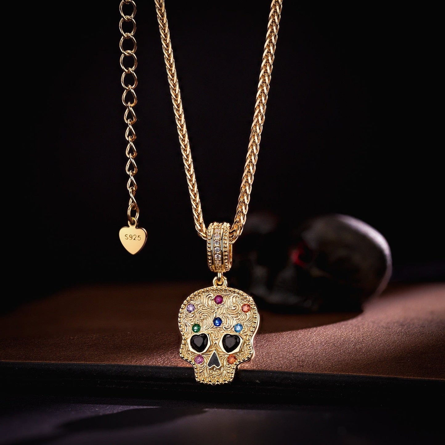 Heart-Eyed Skull Tarnish-resistant Silver Dangle Charms With Enamel In 14K Gold Plated