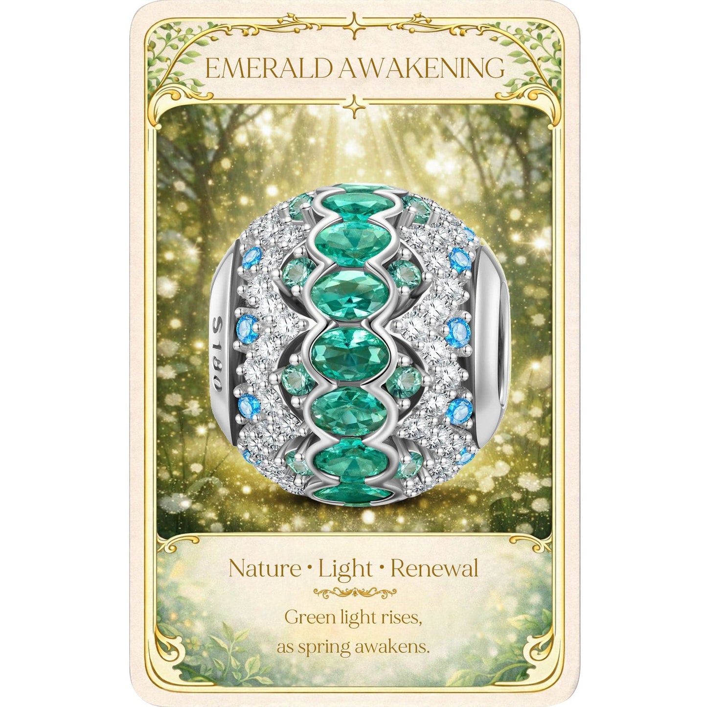Radiant Emerald Festivity Tarnish-resistant Silver Charms In White Gold Plated