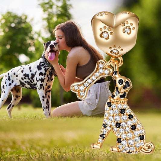 gon- Dalmatian's Love Tarnish-resistant Silver Dangle Charms With Enamel In 14K Gold Plated