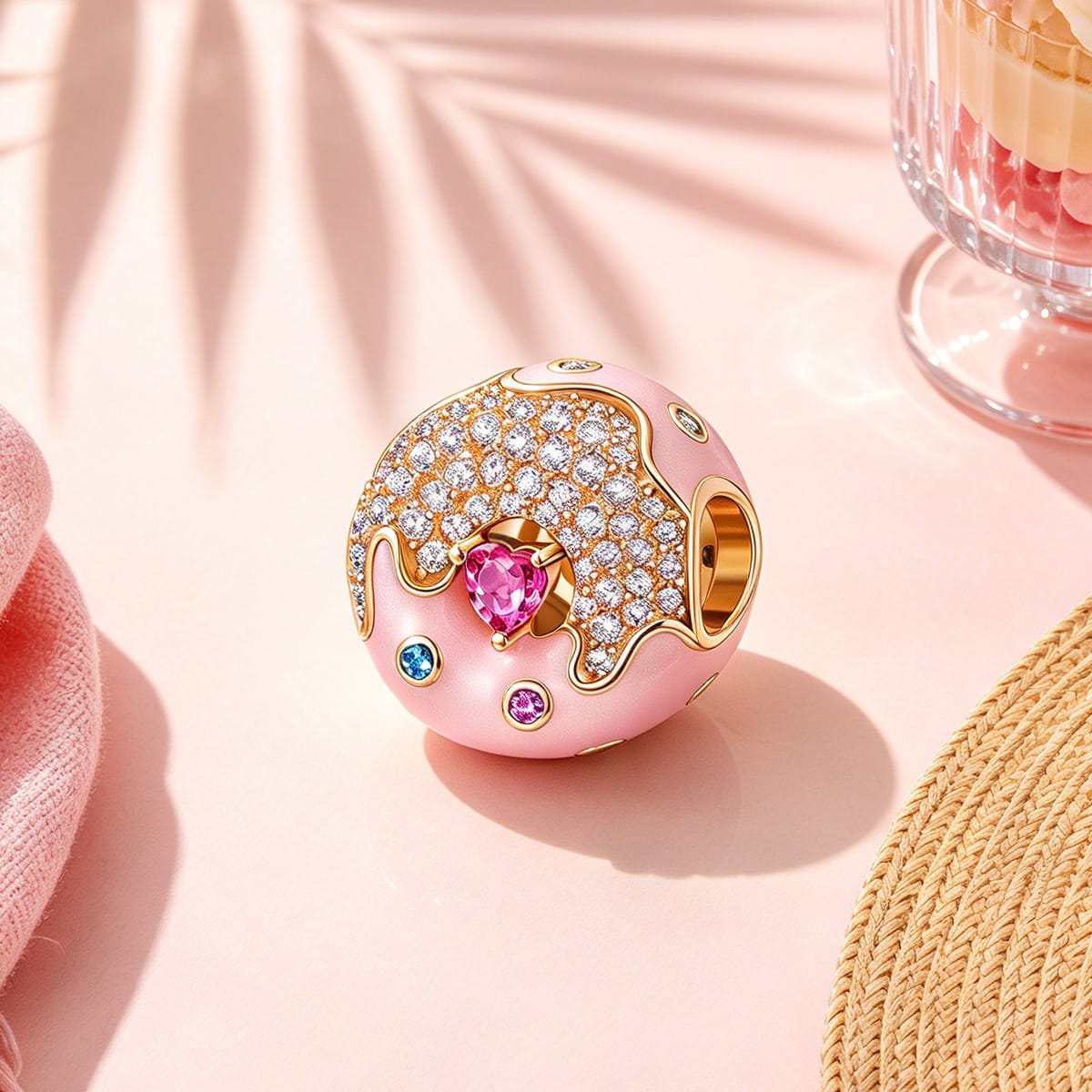 Blissful Donut Tarnish-resistant Silver Charms With Enamel In 14K Gold Plated