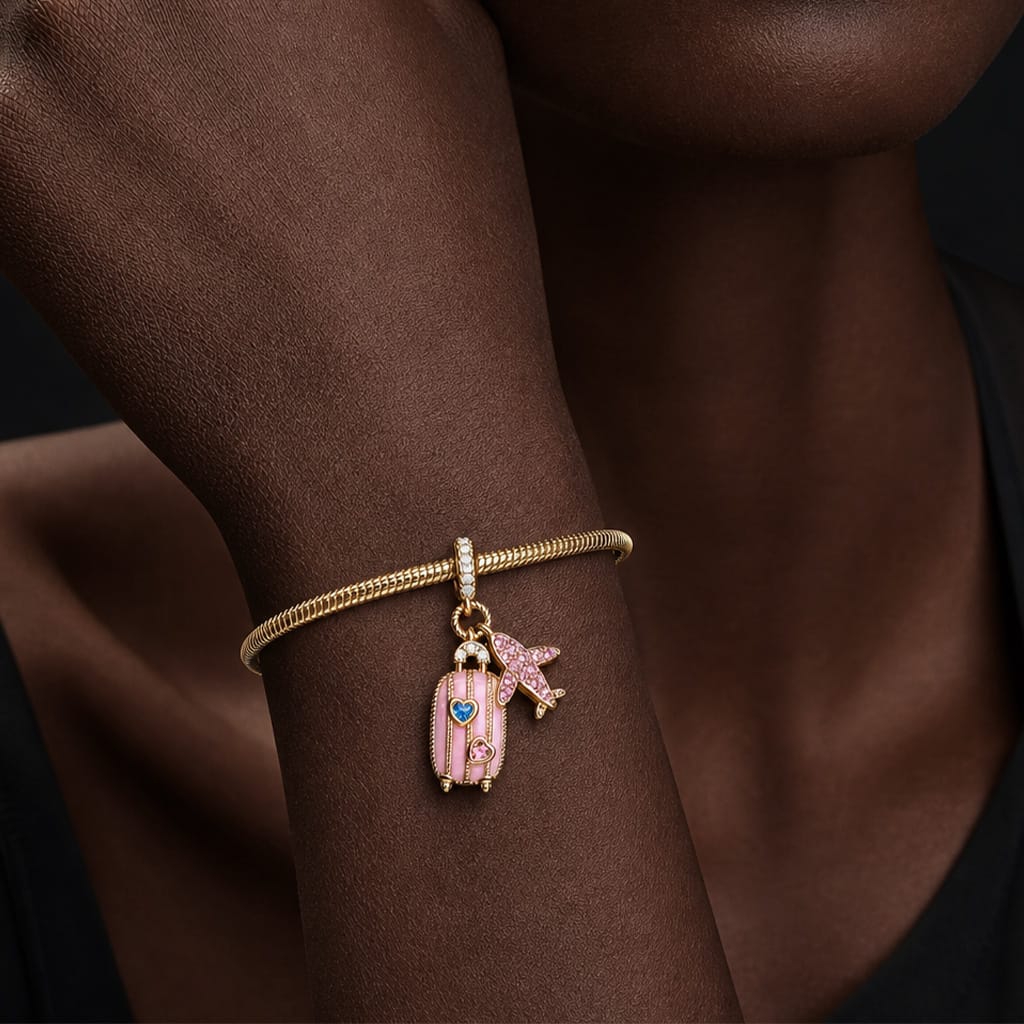 Globe Trotter Tarnish-resistant Silver Dangle Charms With Enamel In 14K Gold Plated