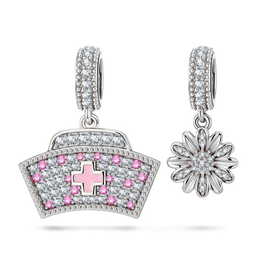 gona- Adorable Nurse Hat Tarnish-resistant Silver Dangle Charms With Enamel In White Gold Plated