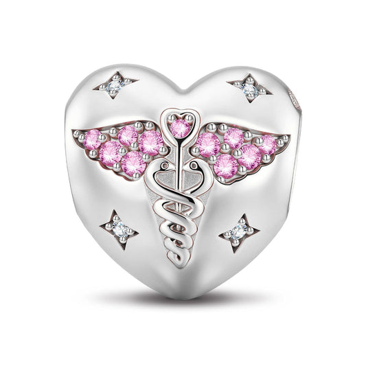 gona- Heartful Caduceus Tarnish-resistant Silver Charms In White Gold Plated