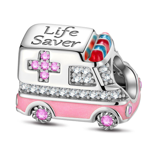 gona- Caring Ambulance Tarnish-resistant Silver Charms With Enamel In White Gold Plated
