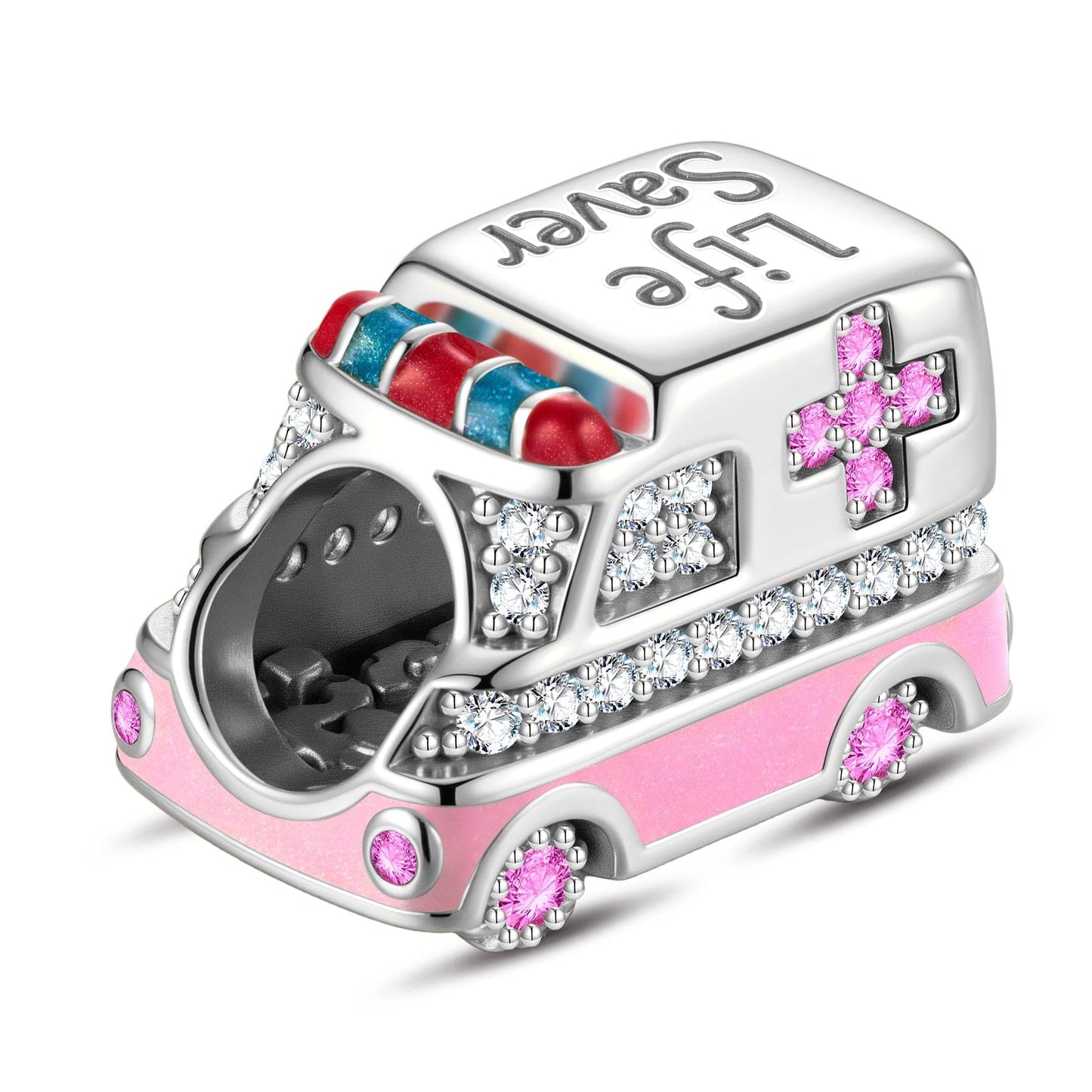 Caring Ambulance Tarnish-resistant Silver Charms With Enamel In White Gold Plated