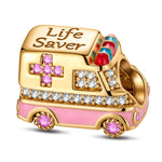 Caring Ambulance Tarnish-resistant Silver Charms With Enamel In 14K Gold Plated