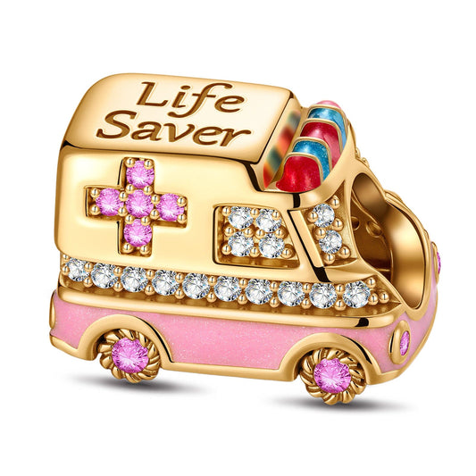 gona- Caring Ambulance Tarnish-resistant Silver Charms With Enamel In 14K Gold Plated