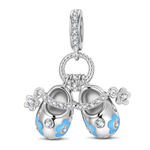 Cluster Timeless Fable Blue Floral Enamel Baby Shoes Dangle Charm Tarnish-Resistant Silver In White Gold Plated