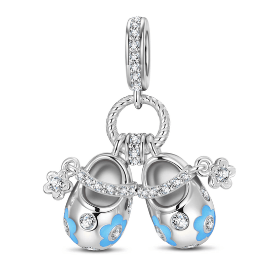 gona- Cluster Timeless Fable Blue Floral Enamel Baby Shoes Dangle Charm Tarnish-Resistant Silver In White Gold Plated