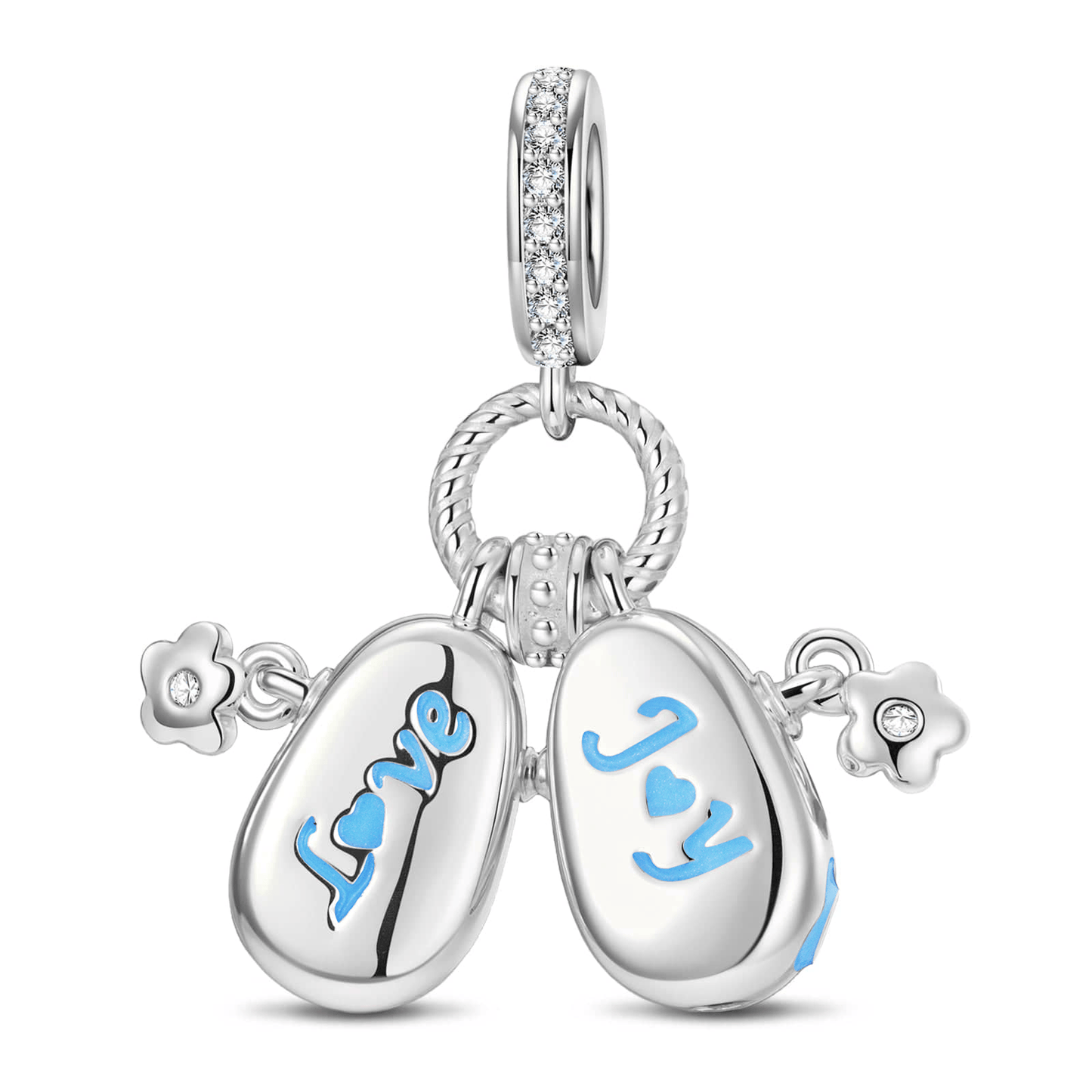 Cluster Timeless Fable Blue Floral Enamel Baby Shoes Dangle Charm Tarnish-Resistant Silver In White Gold Plated
