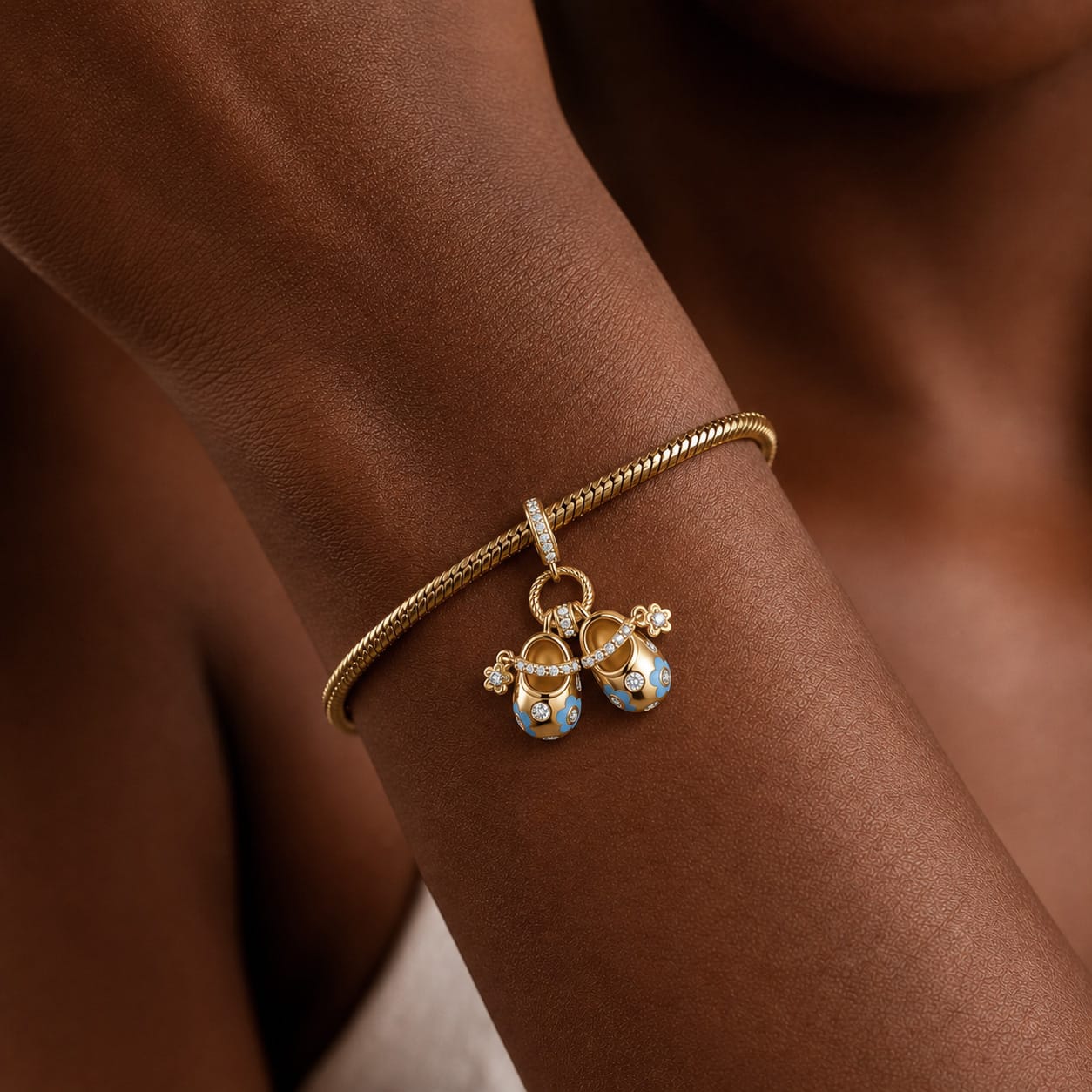 Cluster Timeless Fable Blue Floral Enamel Baby Shoes Dangle Charm Tarnish-Resistant Silver In 14K Gold Plated