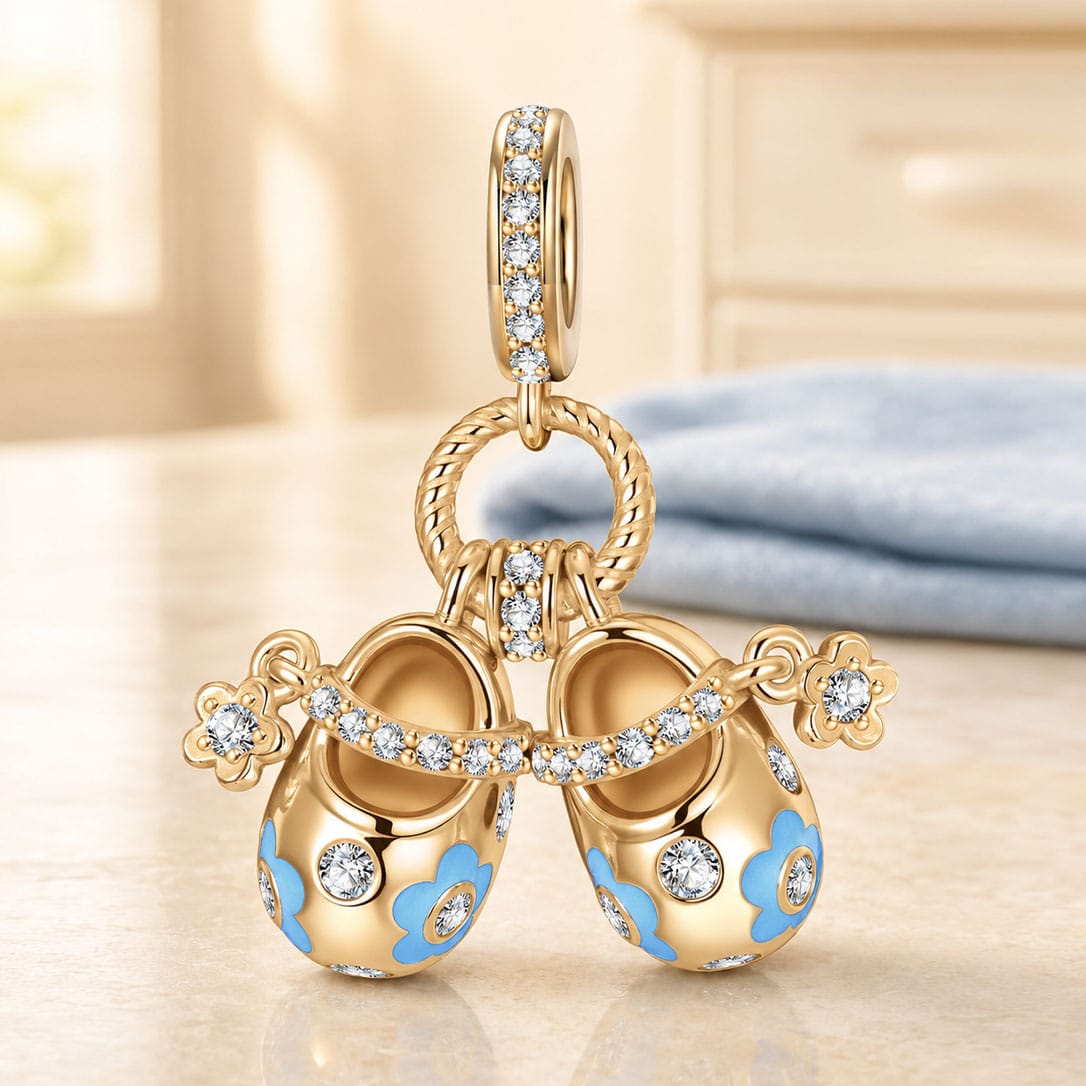 Cluster Timeless Fable Blue Floral Enamel Baby Shoes Dangle Charm Tarnish-Resistant Silver In 14K Gold Plated
