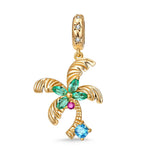 Coconut Palm Tarnish-resistant Silver Dangle Charms In 14K Gold Plated