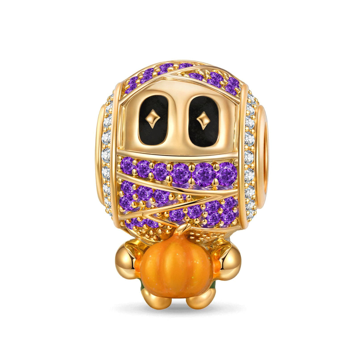 Halloween Luminous Pumpkin-Hugging Mummy Purple Pavé Charm Bead In Tarnish-Resistant Silver