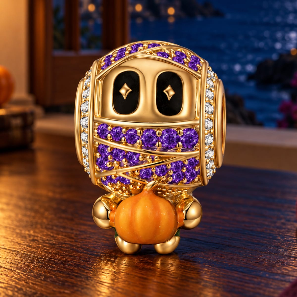 Halloween Luminous Pumpkin-Hugging Mummy Purple Pavé Charm Bead In Tarnish-Resistant Silver