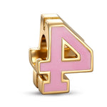 Double Sided Number Four Charm with Sparkling Pave Front and Pink Enamel Back in 14K Gold Plated Tarnish Resistant Silver