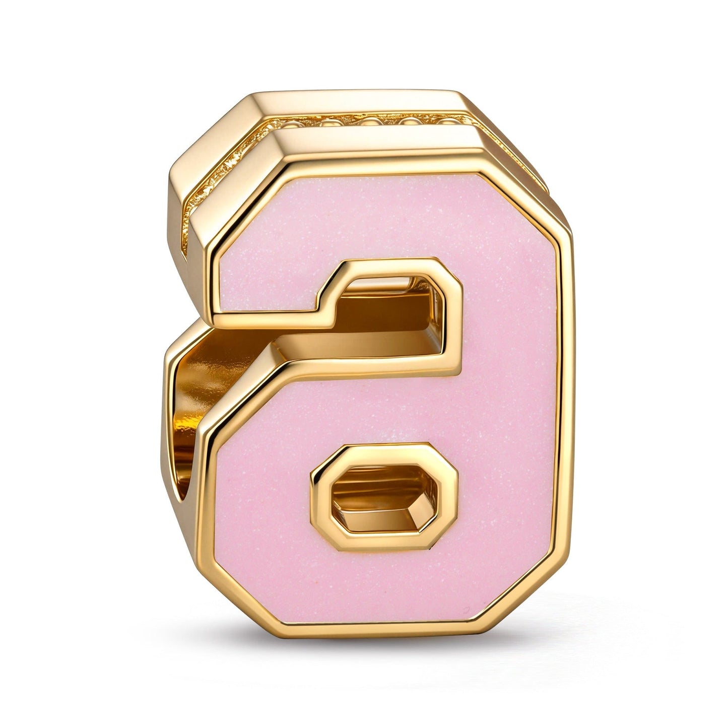 Double Sided Number Six Charm with Sparkling Pave Front and Pink Enamel Back in 14K Gold Plated Tarnish Resistant Silver
