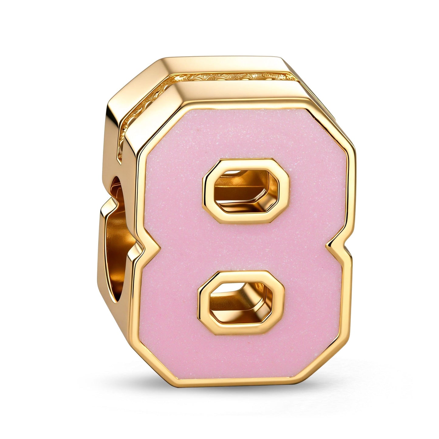 Double Sided Number Eight Charm with Sparkling Pave Front and Pink Enamel Back in 14K Gold Plated Tarnish Resistant Silver