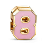 Double Sided Number Eight Charm with Sparkling Pave Front and Pink Enamel Back in 14K Gold Plated Tarnish Resistant Silver