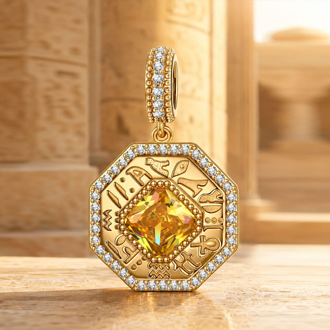 Ancient Egyptian Hieroglyph Golden Citrine Cushion Pavé Octagon Dangle Charm in Tarnish-Resistant Silver