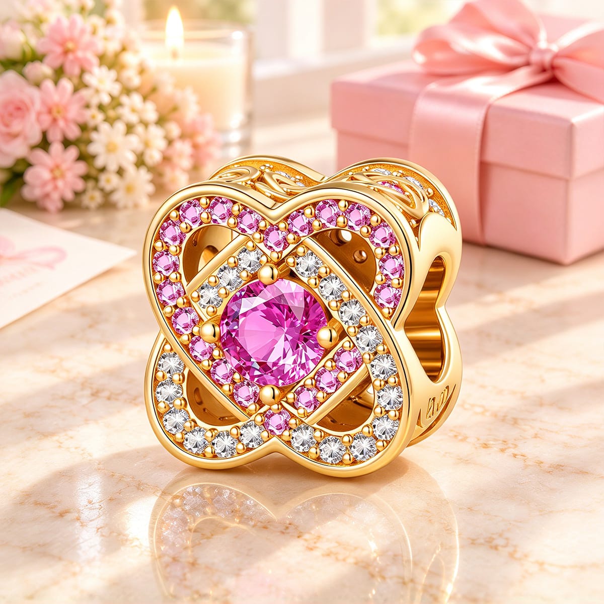 Vintage Clover Pink Tarnish-resistant Silver Charms In 14K Gold Plated