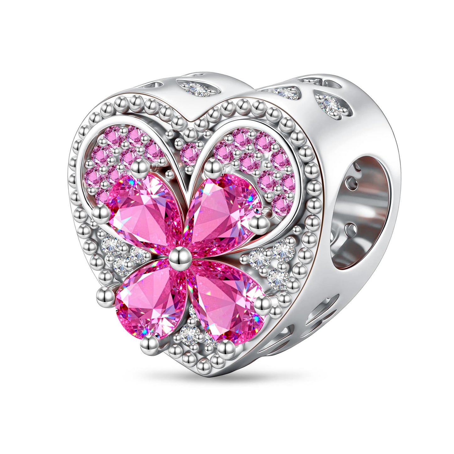 Pink Clover Heart Tarnish-resistant Silver Charms In White Gold Plated