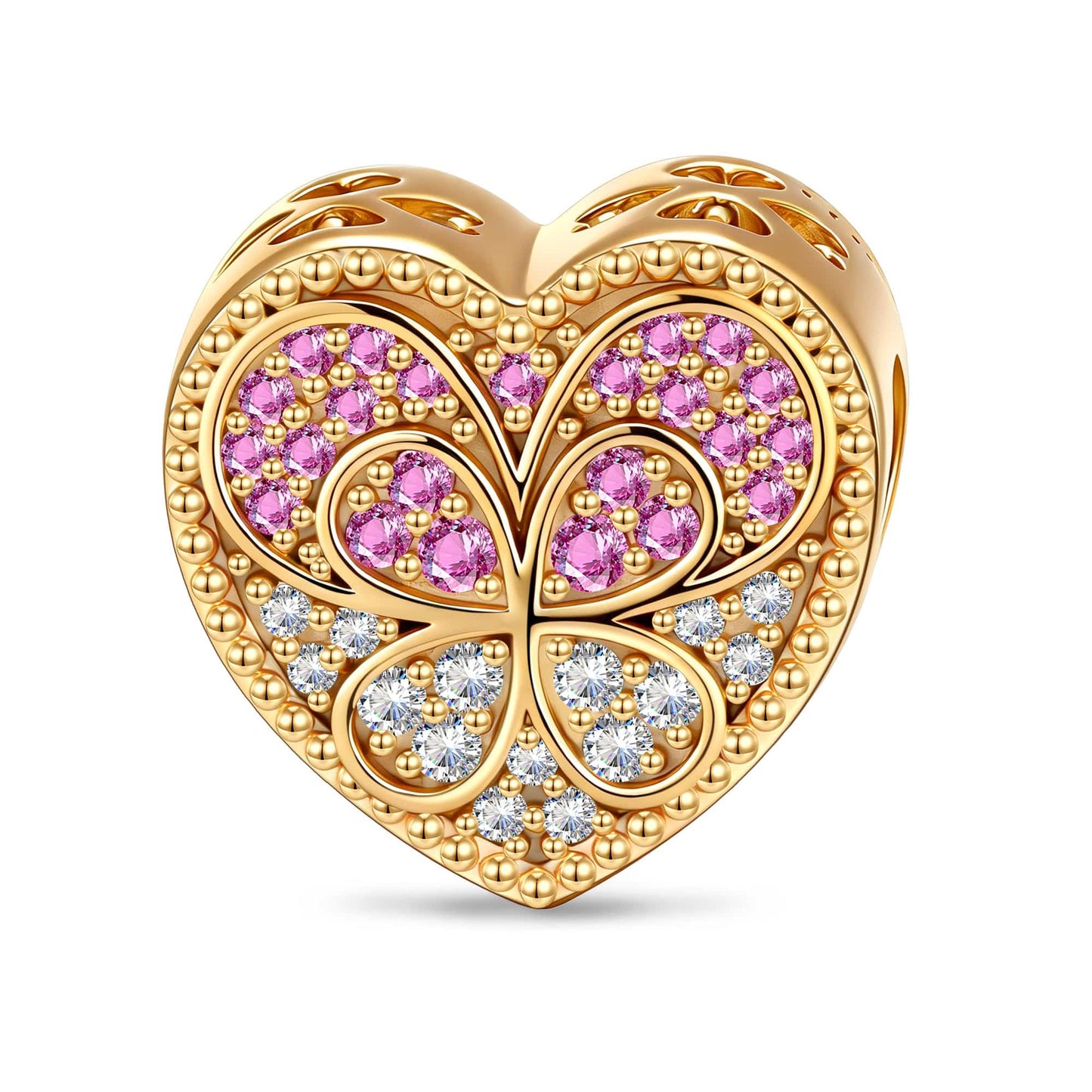 Pink Clover Heart Tarnish-resistant Silver Charms In 14K Gold Plated