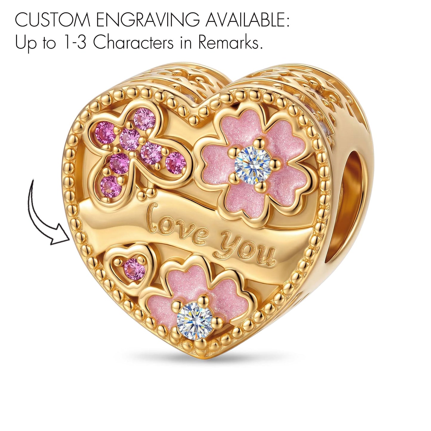 Engravable (Blank Default) Heart Flower Tarnish-resistant Silver Charms In 14K Gold Plated