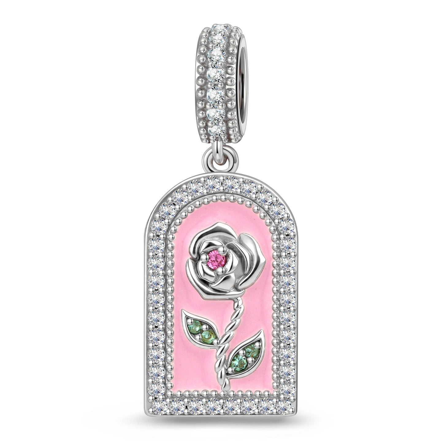 Engravable Treasured Arch Rose Tarnish-resistant Silver Dangle Charm In White Gold Plated
