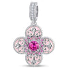 Ornate Pink Enamel Clover Tarnish-Resistant Silver Dangle Charm In White Gold Plated