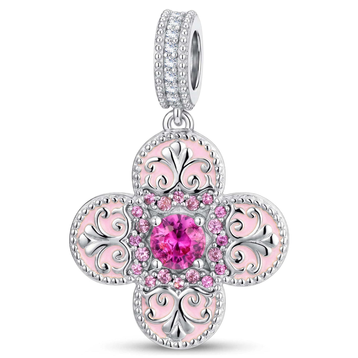 Ornate Pink Enamel Clover Tarnish-Resistant Silver Dangle Charm In White Gold Plated