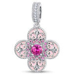 Ornate Pink Enamel Clover Tarnish-Resistant Silver Dangle Charm In White Gold Plated