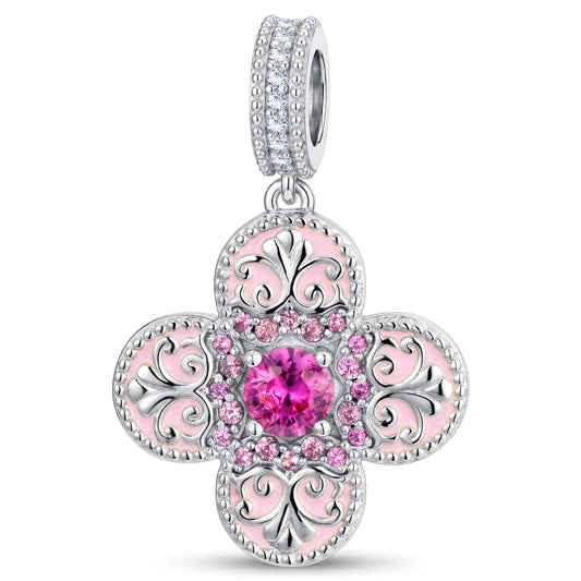 gona- Ornate Pink Enamel Clover Tarnish-Resistant Silver Dangle Charm In White Gold Plated