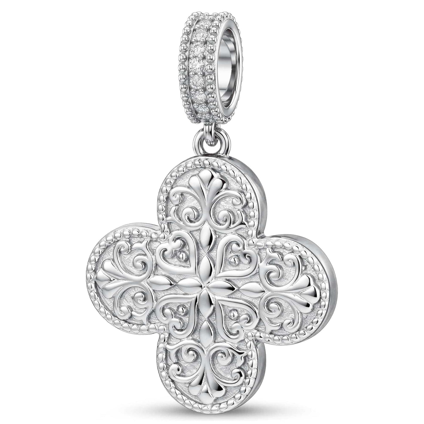 Ornate Pink Enamel Clover Tarnish-Resistant Silver Dangle Charm In White Gold Plated