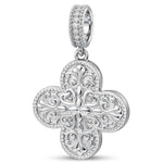 Ornate Pink Enamel Clover Tarnish-Resistant Silver Dangle Charm In White Gold Plated