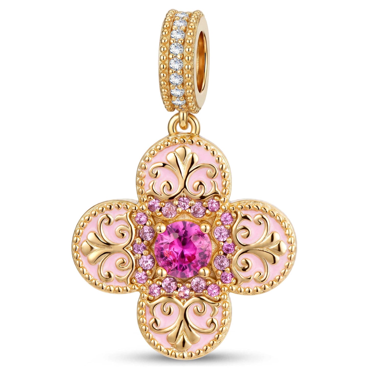 Ornate Pink Enamel Clover Tarnish-Resistant Silver Dangle Charm In 14K Gold Plated