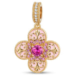 Ornate Pink Enamel Clover Tarnish-Resistant Silver Dangle Charm In 14K Gold Plated