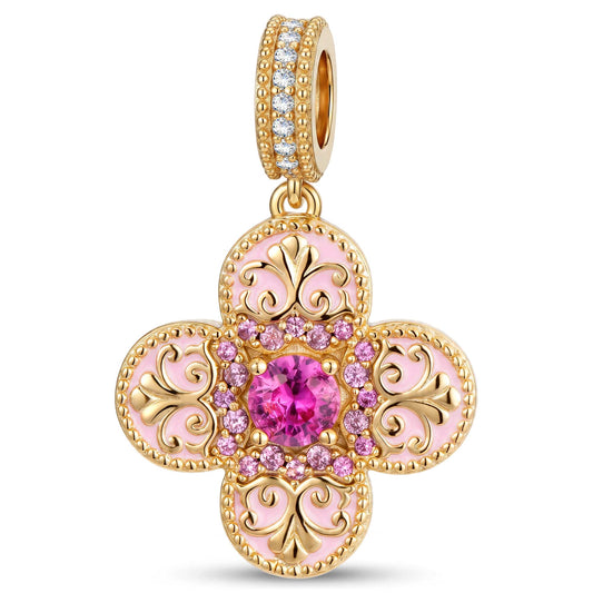gona- Ornate Pink Enamel Clover Tarnish-Resistant Silver Dangle Charm In 14K Gold Plated