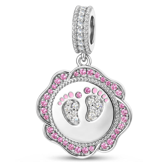 gona- Engravable (Blank Default) Newborn Footprints Tarnish-Resistant Silver Dangle Charm In White Gold Plated