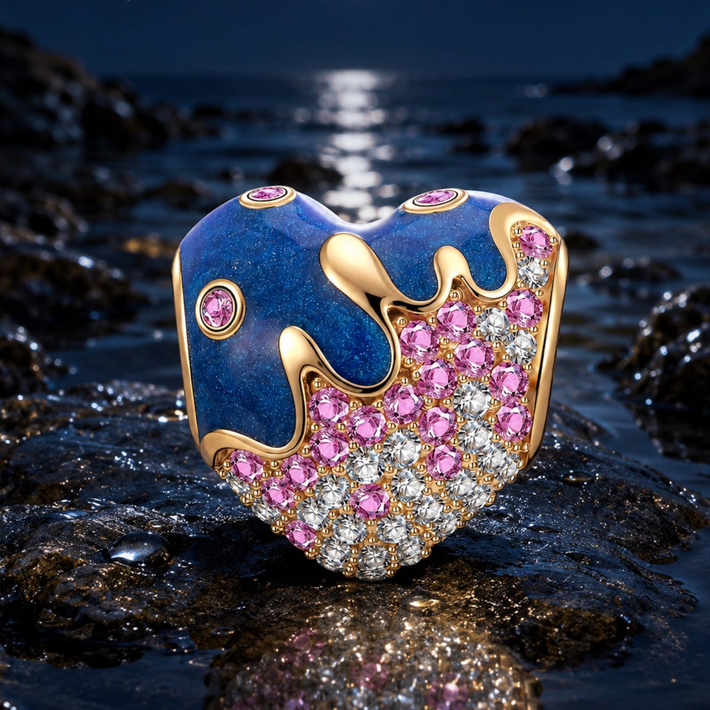 Melting Ocean Heart Tarnish-Resistant Silver Charm In 14K Gold Plated