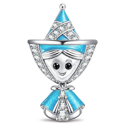 gona- Sky-Blue Enamel Smiling Elf Doll Tarnish-Resistant Silver Charm In White Gold Plated