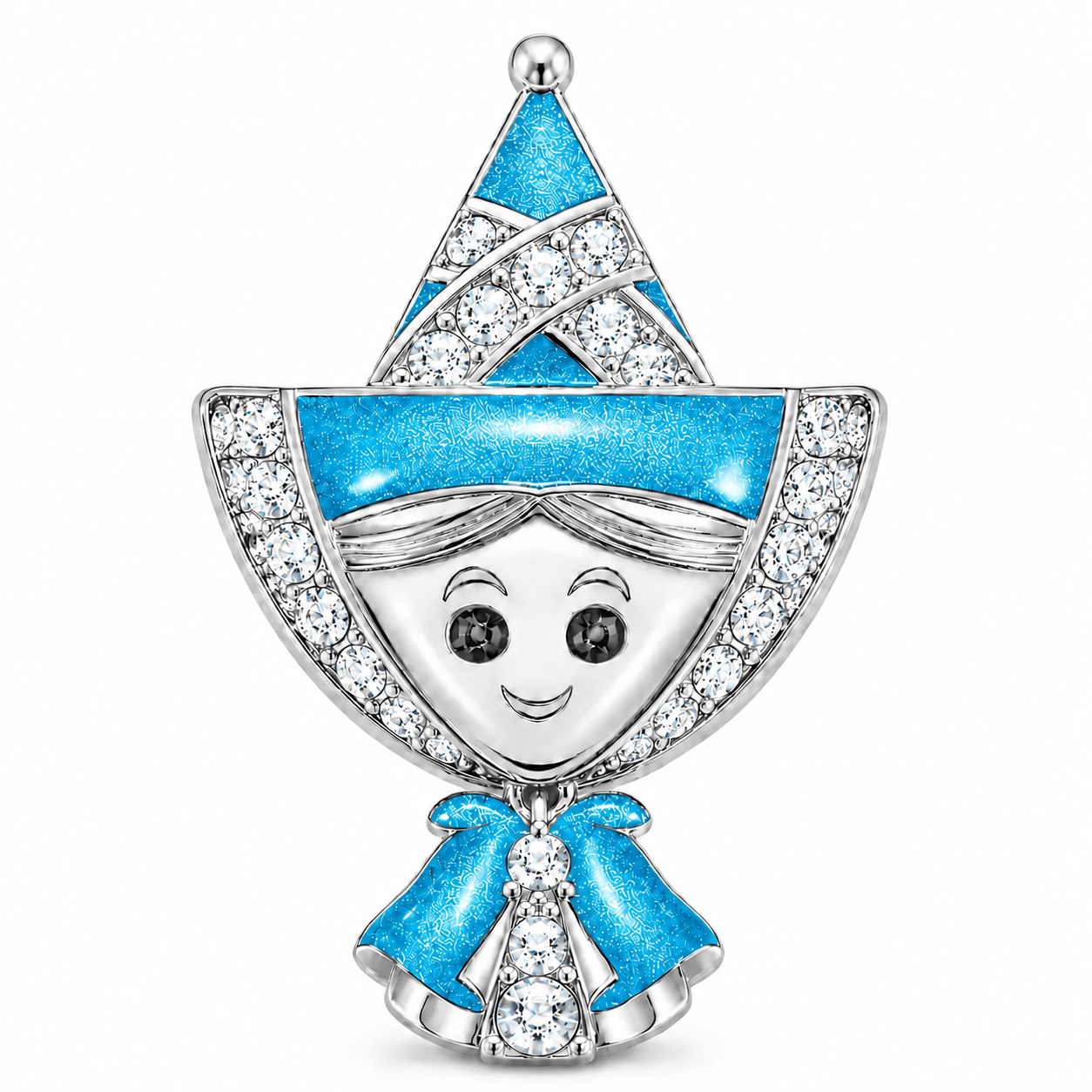 Sky-Blue Enamel Smiling Elf Doll Tarnish-Resistant Silver Charm In White Gold Plated