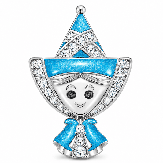 gona- Sky-Blue Enamel Smiling Elf Doll Tarnish-Resistant Silver Charm In White Gold Plated