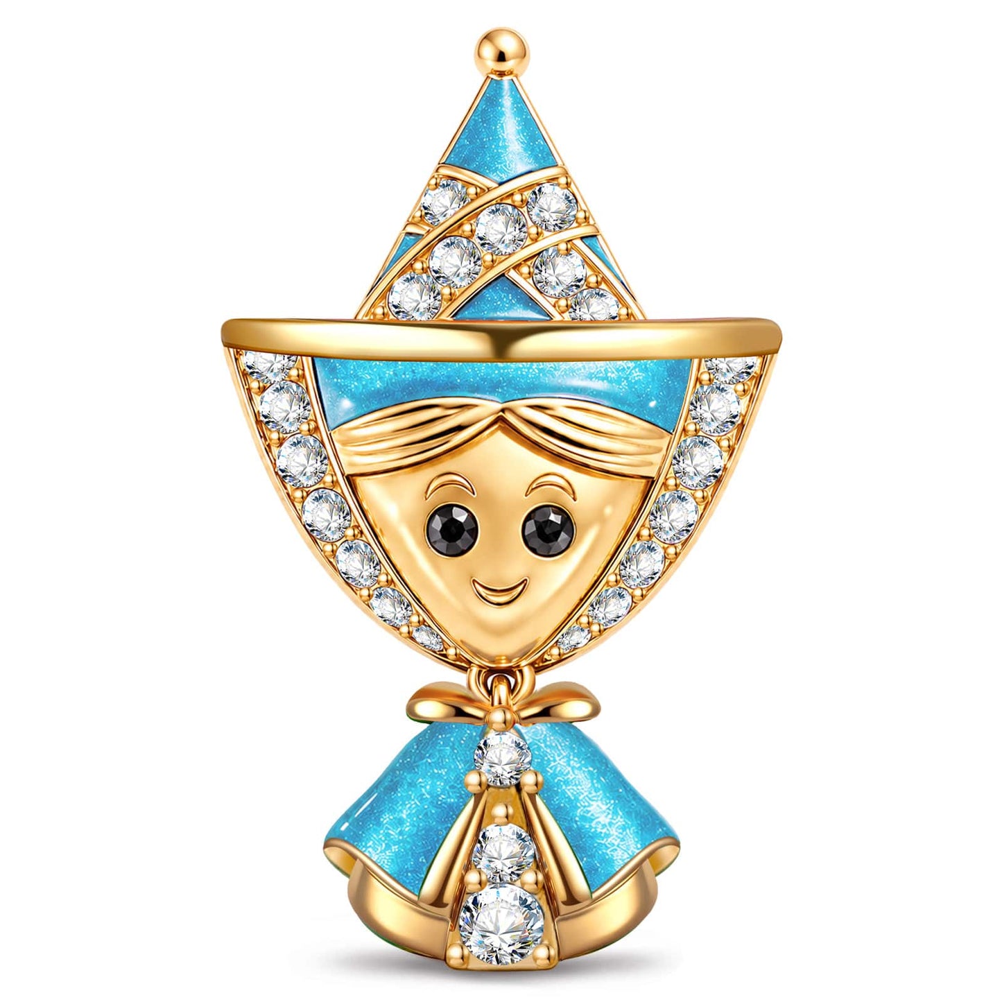 Sky-Blue Enamel Smiling Elf Doll Tarnish-Resistant Silver Charm In 14K Gold Plated