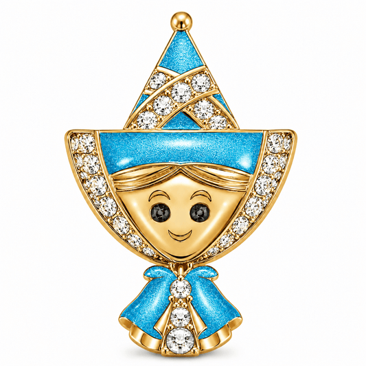 gona- Sky-Blue Enamel Smiling Elf Doll Tarnish-Resistant Silver Charm In 14K Gold Plated