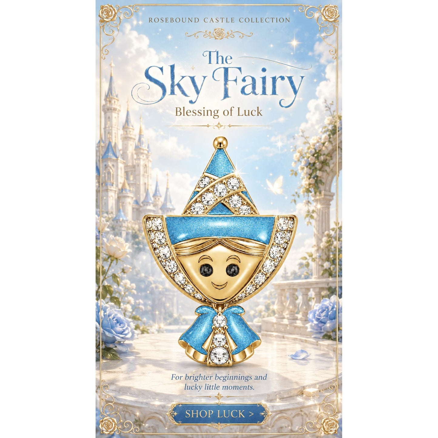 Sky-Blue Enamel Smiling Elf Doll Tarnish-Resistant Silver Charm In 14K Gold Plated