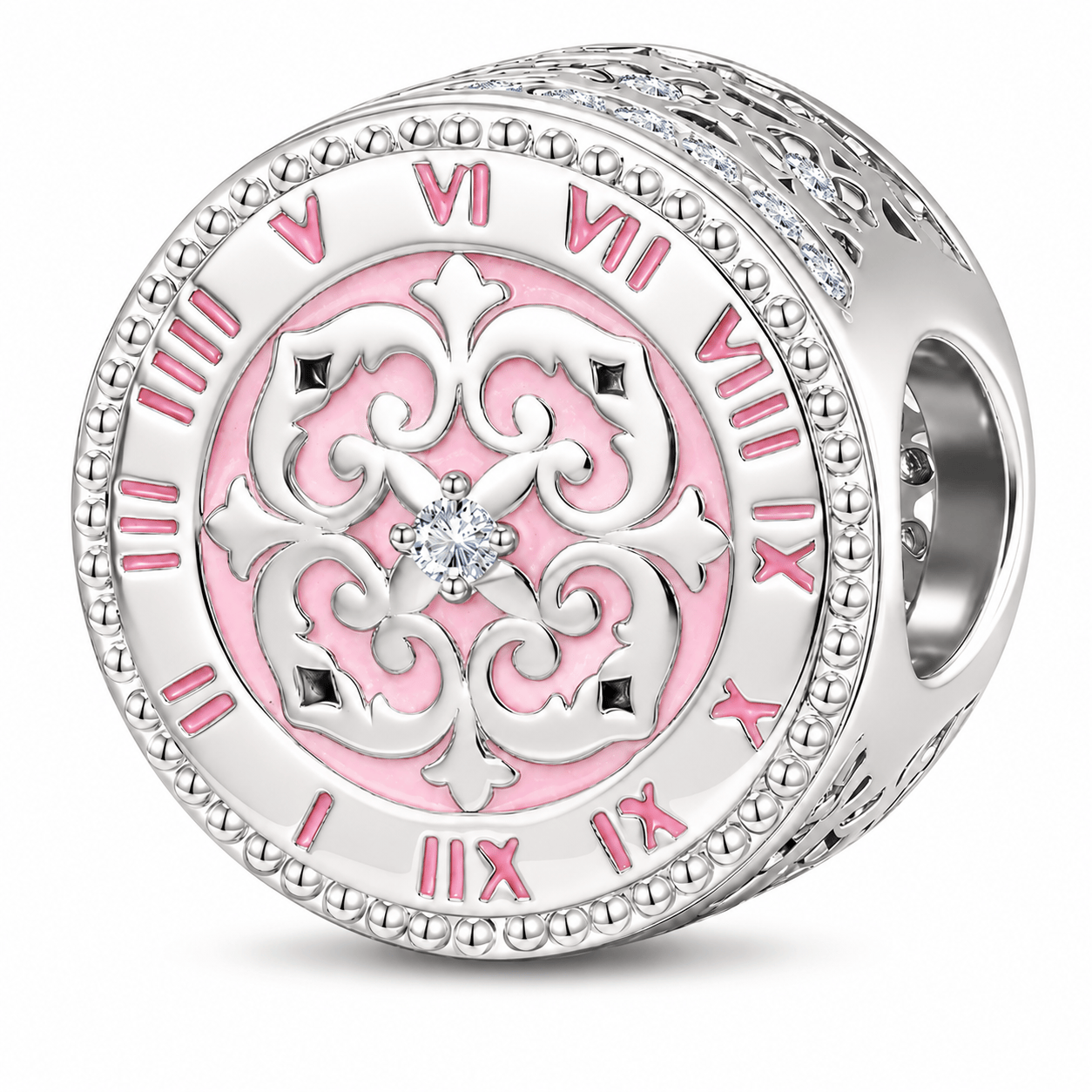 Vintage Roman Numeral Clock Tarnish-Resistant Silver Charm In White Gold Plated