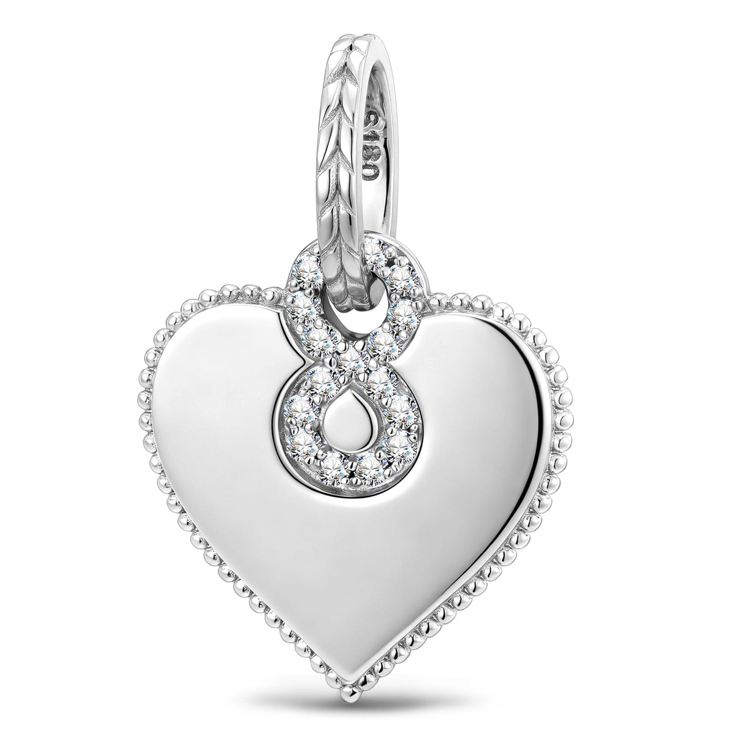 Personalized Engravable Pavé Infinity Heart Tarnish-Resistant Silver Charm In White Gold Plated