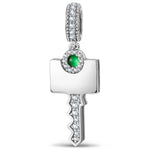 Personalized Engravable Emerald Solitaire Key Tarnish-Resistant Silver Charm In White Gold Plated