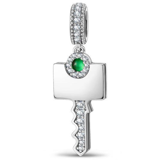 gona- Personalized Engravable Emerald Solitaire Key Tarnish-Resistant Silver Charm In White Gold Plated